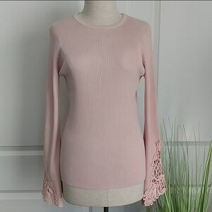 Catherine Malandrino Top Stretch Rib Knit Bell Sleeve Crochet Blush Pink L NWT